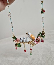 Les Nereides Clarte Nocturne Owl & Owlets With Flowers, Green Crystal Necklace