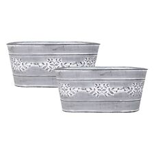 2Pc Grey Metal Leafy Vine Tin Trough 24cm Planter Indoor Garden Flower Plant Pot