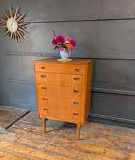 Vintage Mid Century Nathan Teak Tallboy Chest Of 5x Drawers Danish Influence