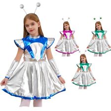 UK Girls Alien Costume Halloween Space Man Dress w/Arm Sleeves Hair Hoop