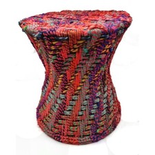 Vintage Handwoven Indian Cylindrical Iron Stool, Multicoloured Rope Weaving