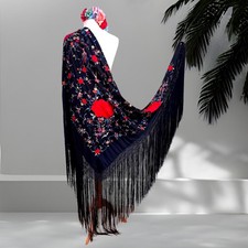 True Vintage Spanish Flamenco Manton Manila Embroidered Silk Piano Shawl
