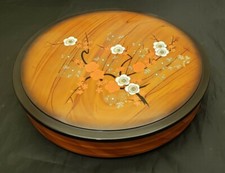Vintage Japanese Lacquered Bowl w/ Lid /  Hand Painted Floral Design 14" X 2.75"