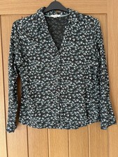 White Stuff blouse top size 14 in grey & turquoise bird print cotton vgc