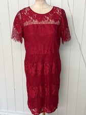 Wallis Dress Size 16 Ladies Red Lace Floral Midi Wiggle Going Out Party Lined