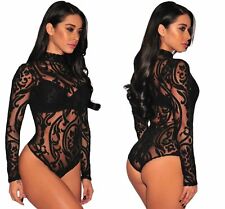 Sexy Black Sheer Mesh Velvet Printed Fitted Long Sleeved Bodysuit S M L (6 - 16)