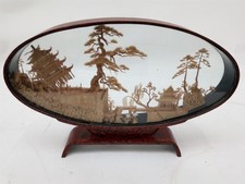 Vintage Chinese Cork Diorama Artwork in Oval Glass Case Wooden Scene