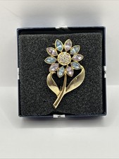 Avon Brooch Sparkly Rhinestones Blue Pink Marquise Pave Center Golden Flower