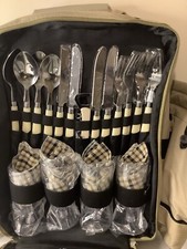 Beige Picnic Backpack, 4 Person Picnic Rucksack w/ Dining Set & two wine