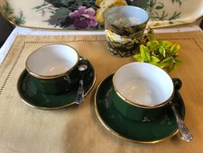 Apilco French Bistro-ware Green & Gold Cups & Saucers x 2 / Pristine Condition