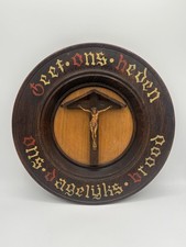 Antique Dutch Wooden Crucifix Jesus Christ Wall Plate Lords Prayer Daily Bread