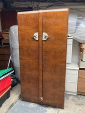 Vintage Art Deco Brown Wood Veneer Wardrobe with Rail Shelves & Drawers Project