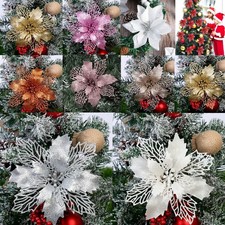 10X Christmas Large Poinsettia Glitter Flower Tree Hanging Party Xmas Decor UK