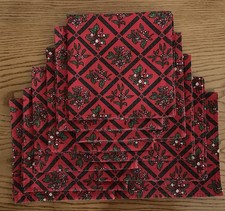 10 Handmade Christmas Fabric Napkins Red Holly/Poinsettia/Mistletoe/Hearts Used