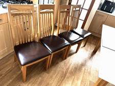 Set 4 Oak Dining Chairs Slat Back Vinyl Upholstered Seats ( Pre-Owned )