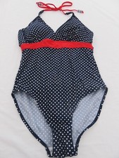 BOOTS PRETTY NAVY POLKA DOT RED TRIM RETRO SWIMMING COSTUME UK 10 12 HALTER NECK