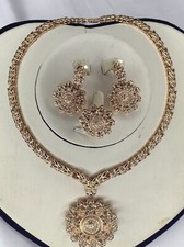 Women Big Necklace Flower Bracelet Dubai Gold Jewelry Set African Wedding Bridal