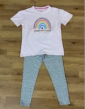 Matalan Short Sleeve PJ Set Girls 10 Years Soft Pink Rainbow Ankle Length Bottom