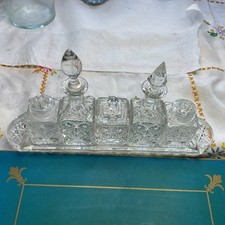 Art Deco Style Cut Glass Condiment Cruet Set On Stand Oil Vinegar Mustard Spoon 