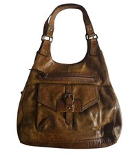 M&S Dark Tan Brown Antiqued Leather Shoulder Grab Tote Handbag