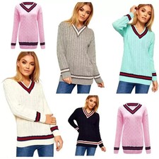 Womens Long Sleeves Ladies Cable Knitted V Neck Stretch Cricket Sweater Jumper