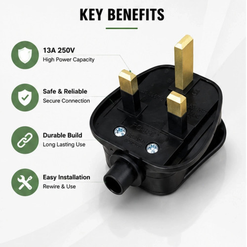 Black mains plug - 3, pin