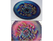 Northwood Stunning Fruits Carnival Glass Blue Bon Sweet Bowl Dish Scallop Edge