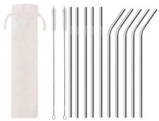 Stainless Steel Eco Reusable Metal Drinking Straws 10 & 2 Cleaning Brushes