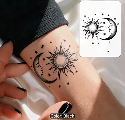 Black sun moon face stars - black,