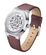 Mens Edison Roadster Automatic Watch Silver Colour Hexagon Case Brown Leather.