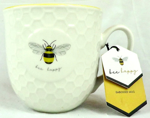 Bee happy embossed white - bee, mug