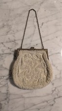 Vintage French Hand-Beaded White Kisslock Handbag with Compact Mirror 