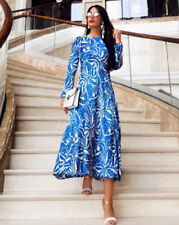 ZARA BLUE White Satin Leaf Floral Print Long Sleeve Midi Maxi Dress Size S 8 10