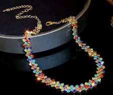 Choker Necklace Crystal multi colour Rhinestone Diamante Shine Sparkly Party 