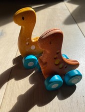 Plan Toys Dino Car Rex and Dino Car Diplo - 2 Small Wooden Push Along Cars