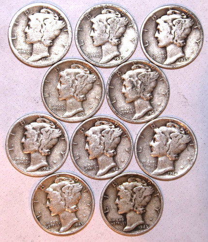 Circulated mercury dimes - (10),
