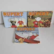 3x Rupert Bear Vintage Hardback Books 1989– Dragon Sweets, Hazelnut, Secret Boat