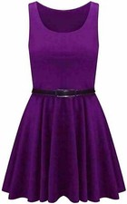   WOMENS LADIES SKATER DRESS SLEEVELESS TAILORED BELTED DRESSES SHORT PARTY SEXY