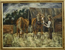 Oil on board by John Munnings. Plough Horses grazing. 