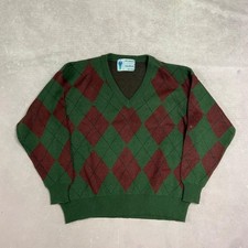 Vintage Knitted Jumper Argyle Patterned V-Neck Grandad Knit Sweater Men's Xl