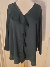 Size 22 Evans Emerald Green Crepe Long Sleeve Ruffle Blouse VGC