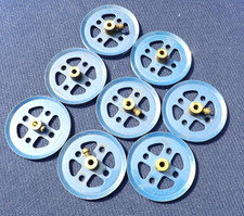 Eight used Meccano two inch pulley wheels, Blue, part 20a.