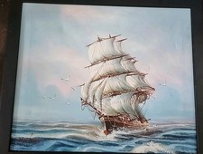 Orig Maritime 1960’s Rupert Hydan Colonial Ship the Sea Oil Painting 26.5x22."