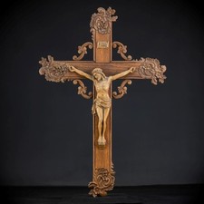 30" Wall Crucifix | Antique Wooden Church Cross 19th Cen | 1800s Jesus Christ