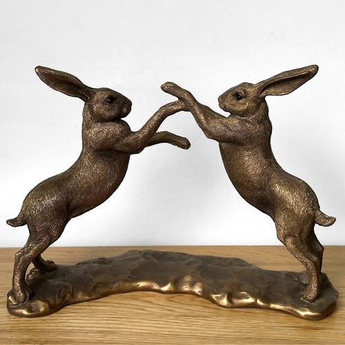 Boxing hares bronze sculpture - bronze,