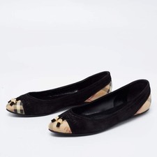 Women Burberry Black Suede Nova Check Canvas Cap Toe Bow Ballet Flats 37 1/2
