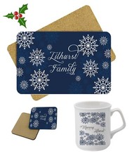 Personalised Placemat, coaster, mug set christmas any name / text 