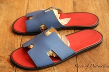 Hermes Red Blue Leather Sandals Sliders Shoes Mens UK 8.5 US 9.5