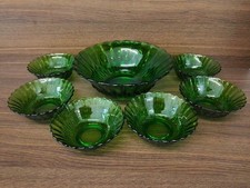 Green Glass Fruit Bowl And Six Fruit Dishes 