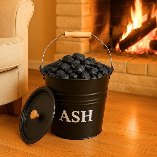Black metal ash bucket with - black,